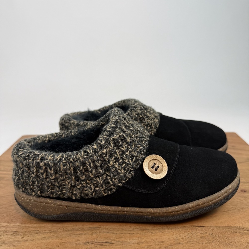 New Womens‎ Clarks Knit Sweater Black Leather Lined Clog Slippers Size 8 M NIB
